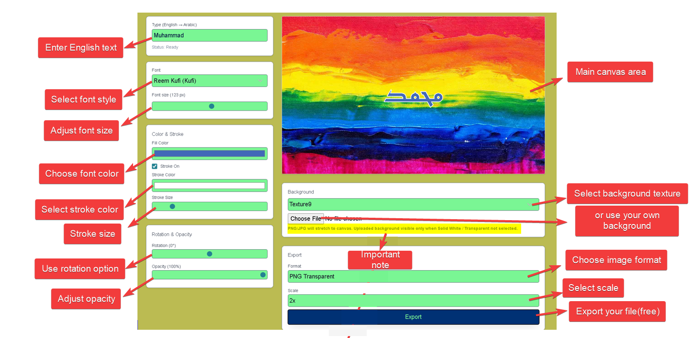 Arabic Calligraphy Generator Interface Guide